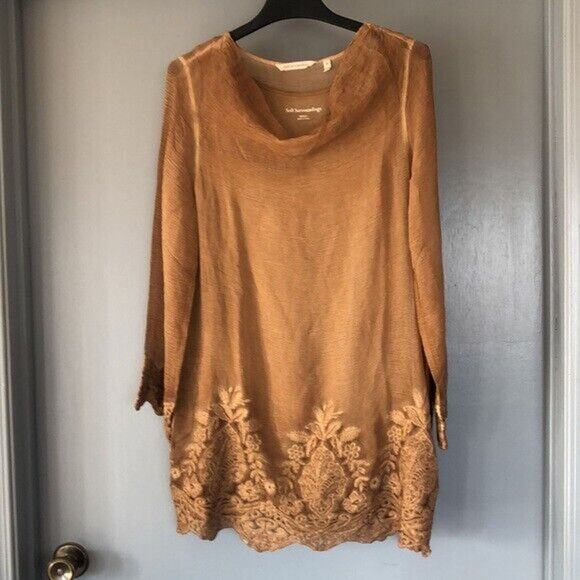 Soft Surroundings Women's Tawny Brown Crinkle Silk Tunic Top M embroider 2 pc - Picture 1 of 8